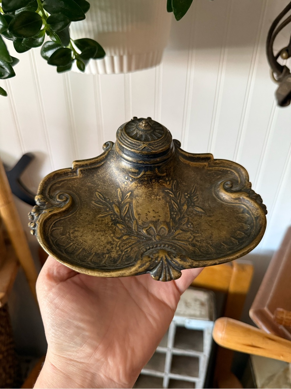 Antique Early 1900s Ornate Brass Inkwell Tray - Art Nouveau Era